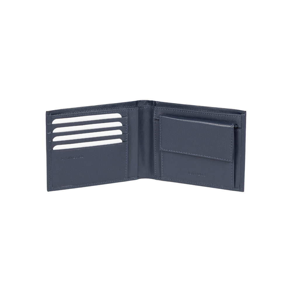 RB12003D | Portafogli Uomo risvoltato in Vera Pelle pieno fiore, con leggera grana. Colore Blu. Protezione RFID. Dimensioni da chiuso: cm 12,5 x 9,5 x 2. Confezione: Scatola regalo fondo/coperchio