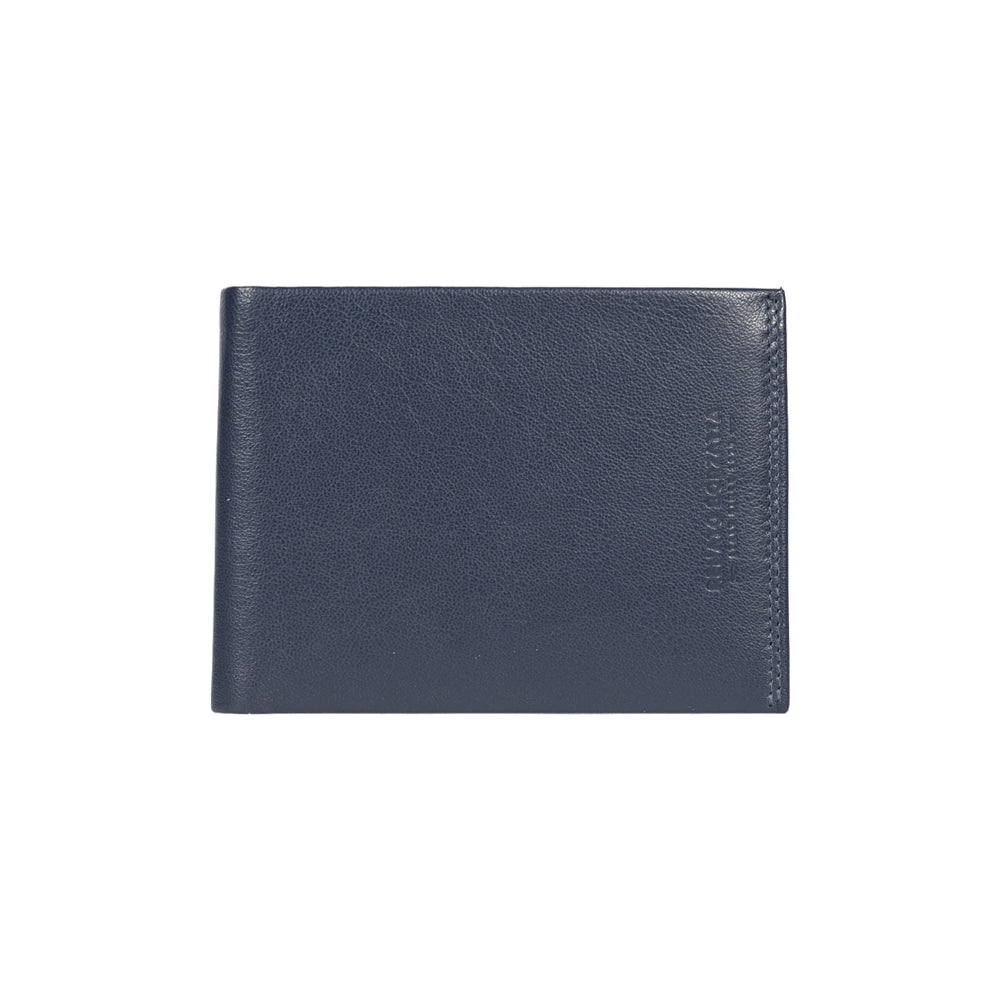 RB12003D | Portafogli Uomo risvoltato in Vera Pelle pieno fiore, con leggera grana. Colore Blu. Protezione RFID. Dimensioni da chiuso: cm 12,5 x 9,5 x 2. Confezione: Scatola regalo fondo/coperchio
