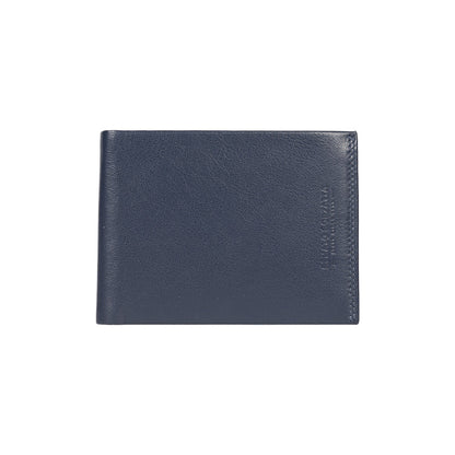 RB12003D | Portafogli Uomo risvoltato in Vera Pelle pieno fiore, con leggera grana. Colore Blu. Protezione RFID. Dimensioni da chiuso: cm 12,5 x 9,5 x 2. Confezione: Scatola regalo fondo/coperchio